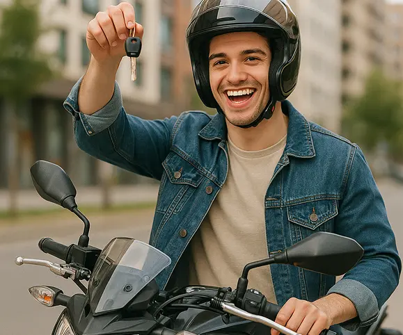 Cliente feliz con su moto nueva financiada por Global Go - Compra tu moto a crédito en Perú